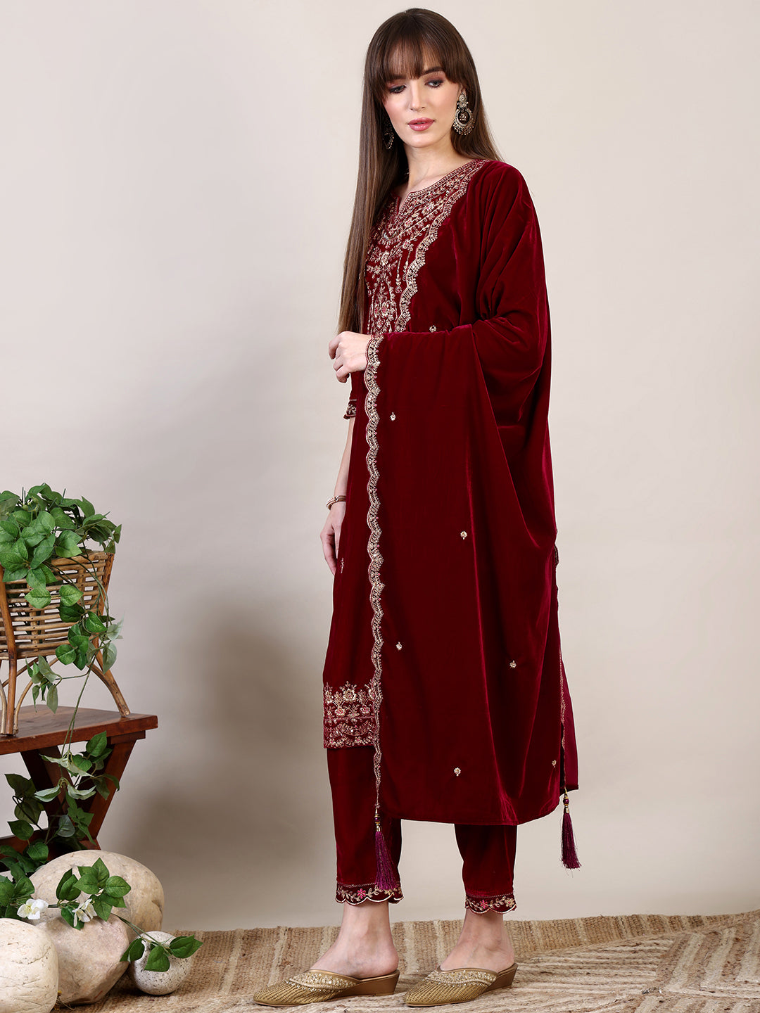 Embroidered Velvet Kurta With Pant & Dupatta, Maroon - Hiral Fashion - Distacart
