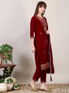 Embroidered Velvet Kurta With Pant & Dupatta, Maroon - Hiral Fashion - Distacart