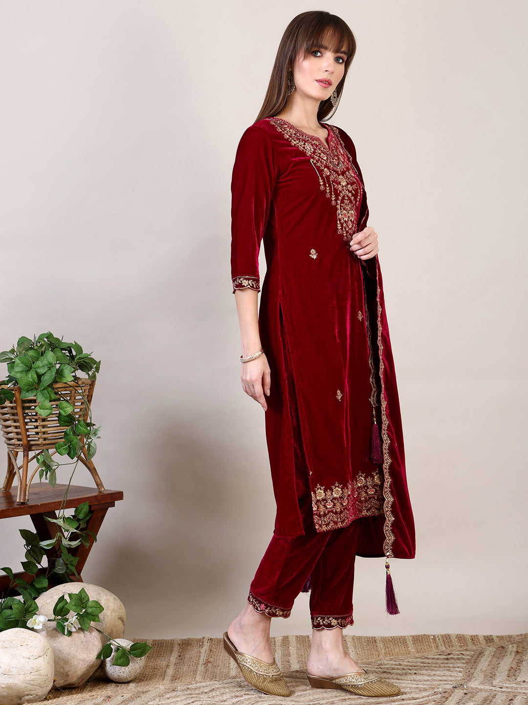 Embroidered Velvet Kurta With Pant & Dupatta, Maroon - Hiral Fashion - Distacart