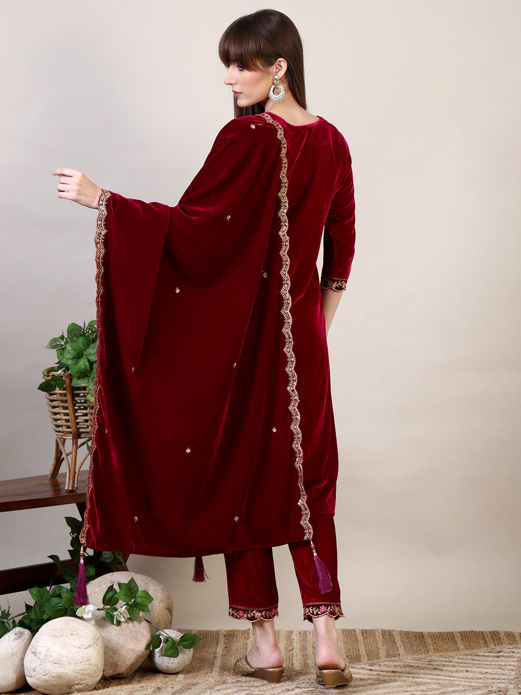 Embroidered Velvet Kurta With Pant & Dupatta, Maroon - Hiral Fashion - Distacart