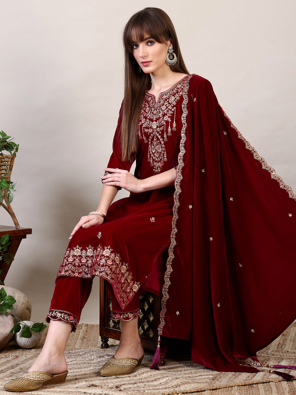 Embroidered Velvet Kurta With Pant & Dupatta, Maroon - Hiral Fashion - Distacart