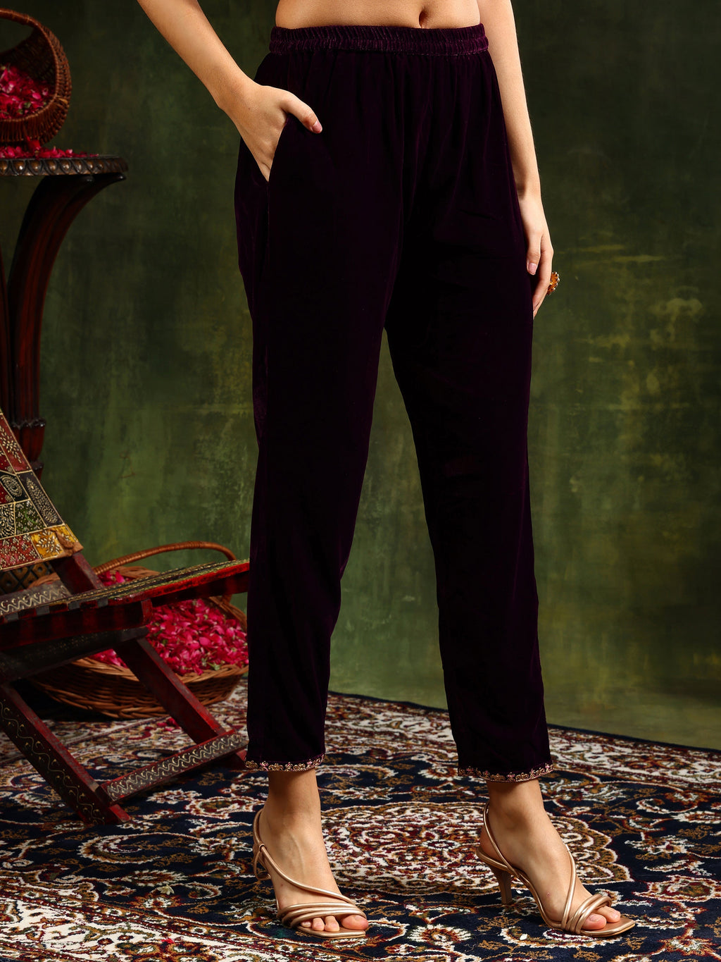 Hand & Machine Embroidered Velvet Kurta With Pant & Dupatta, Wine - Hiral Fashion