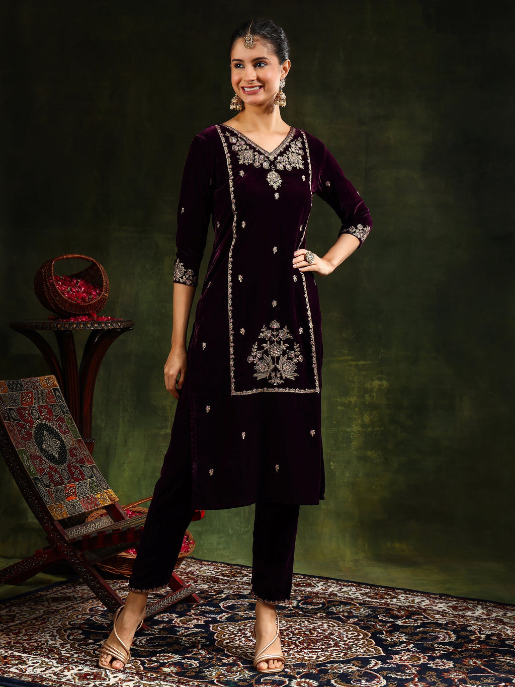Hand & Machine Embroidered Velvet Kurta With Pant & Dupatta, Wine - Hiral Fashion