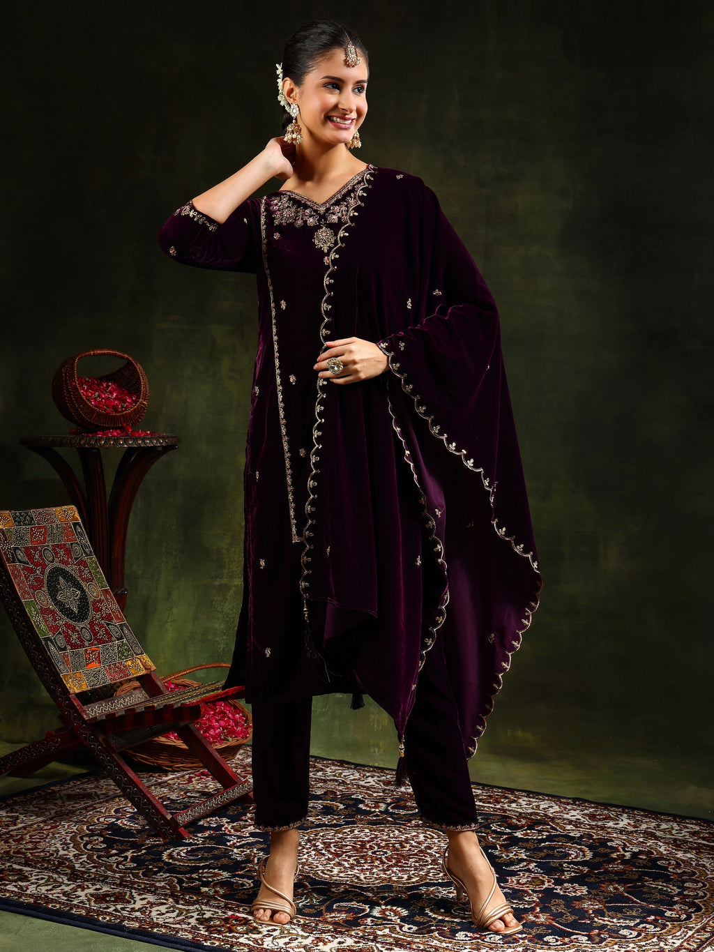 Hand & Machine Embroidered Velvet Kurta With Pant & Dupatta, Wine - Hiral Fashion