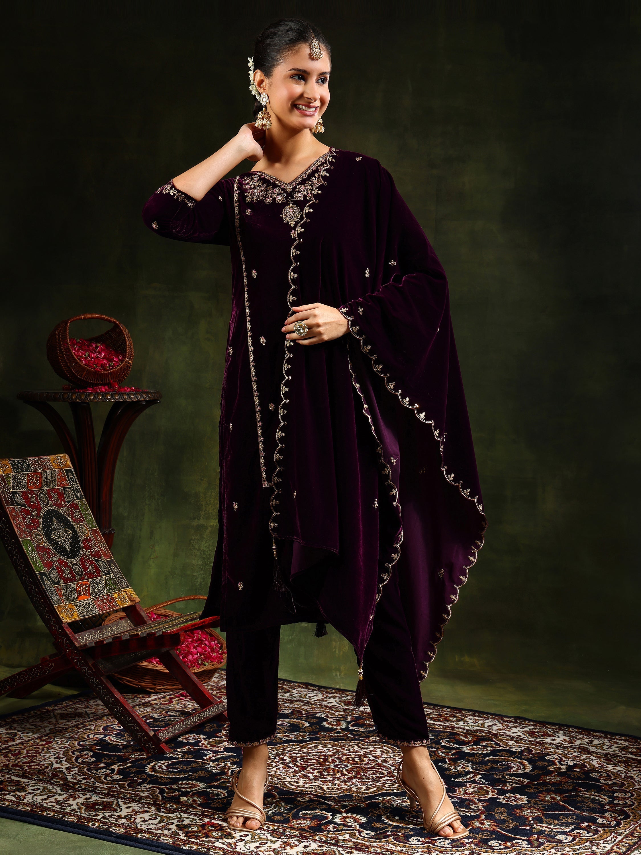 Hand & Machine Embroidered Velvet Kurta With Pant & Dupatta, Wine - Hiral Fashion
