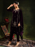 Hand & Machine Embroidered Velvet Kurta With Pant & Dupatta, Wine - Hiral Fashion