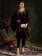 Hand & Machine Embroidered Velvet Kurta With Pant & Dupatta, Wine - Hiral Fashion