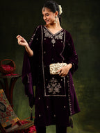 Hand & Machine Embroidered Velvet Kurta With Pant & Dupatta, Wine - Hiral Fashion