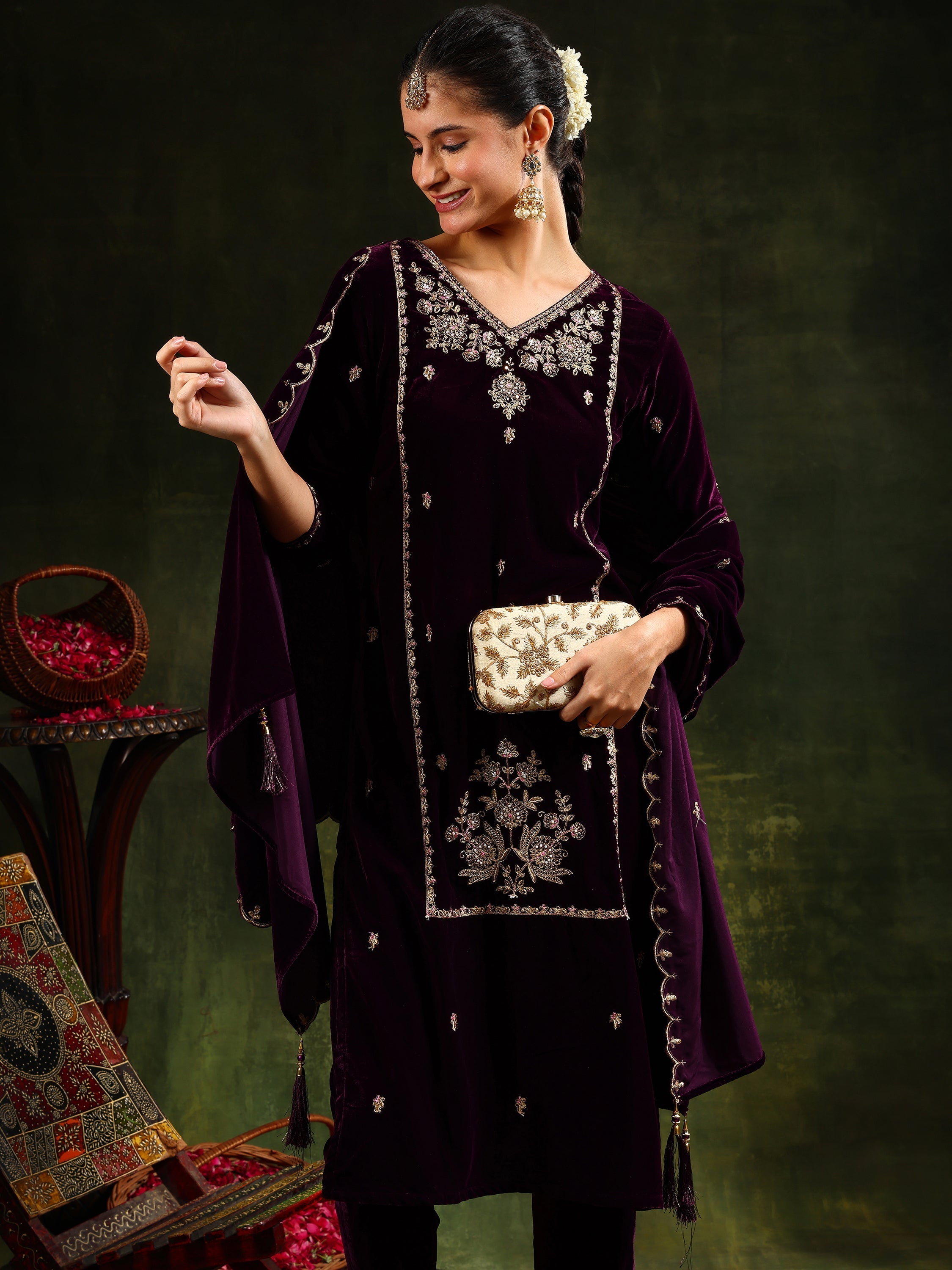 Hand & Machine Embroidered Velvet Kurta With Pant & Dupatta, Wine - Hiral Fashion