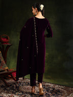Hand & Machine Embroidered Velvet Kurta With Pant & Dupatta, Wine - Hiral Fashion