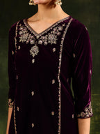 Hand & Machine Embroidered Velvet Kurta With Pant & Dupatta, Wine - Hiral Fashion