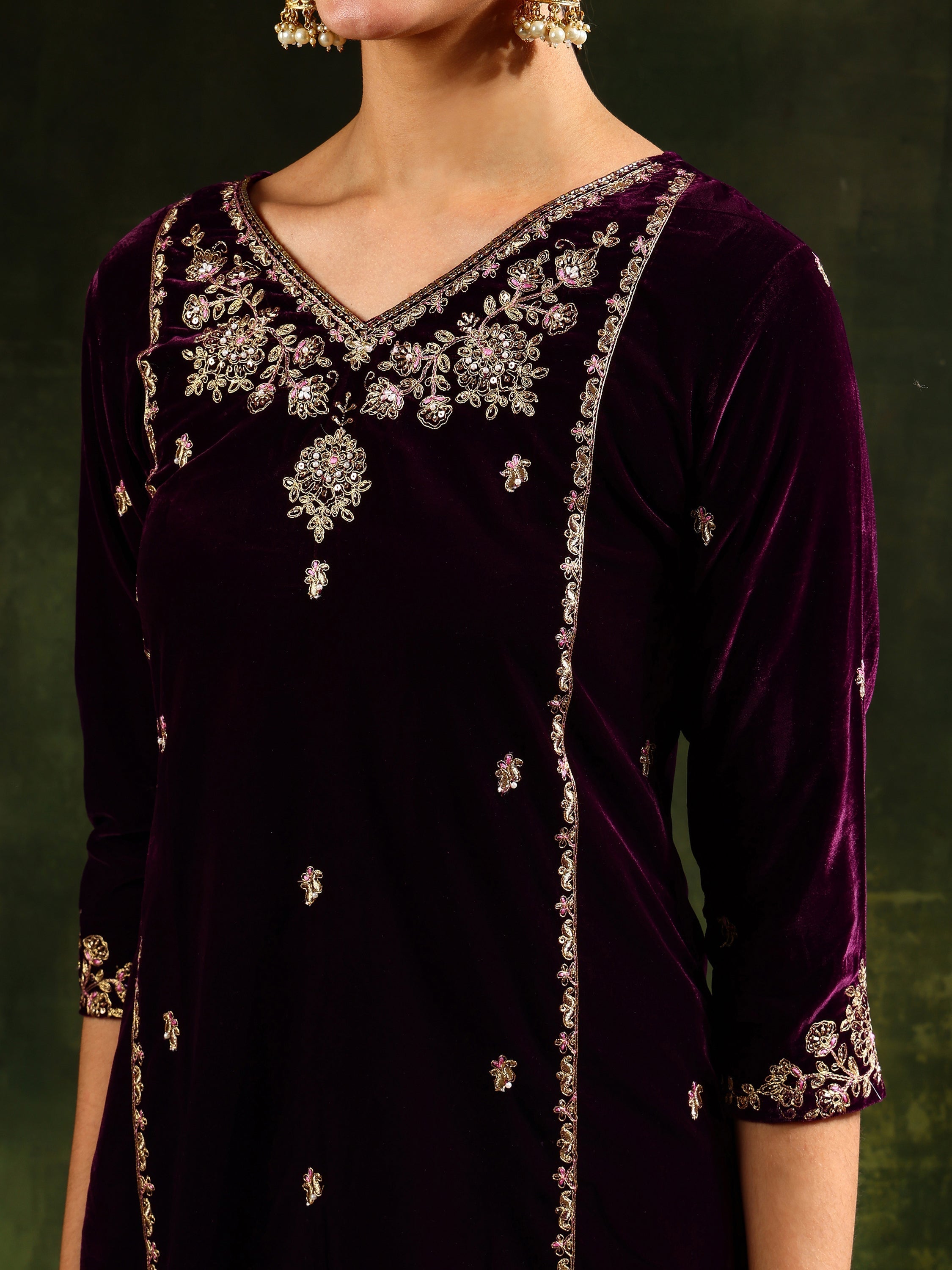 Hand & Machine Embroidered Velvet Kurta With Pant & Dupatta, Wine - Hiral Fashion