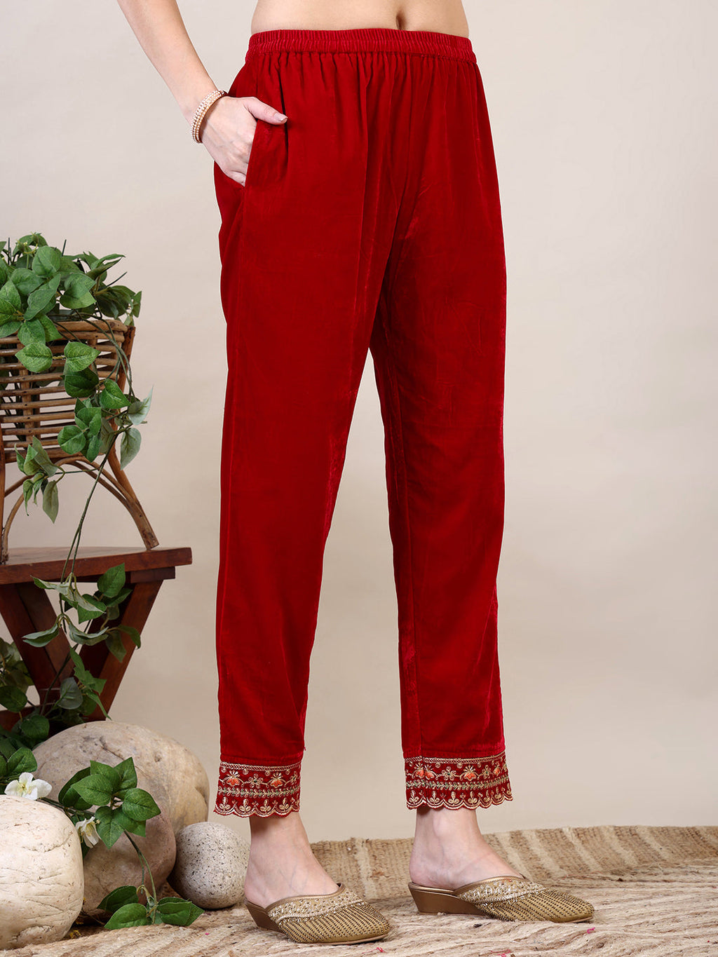 Embroidered Velvet Kurta With Pant & Dupatta, Pink - Hiral Fashion - Distacart