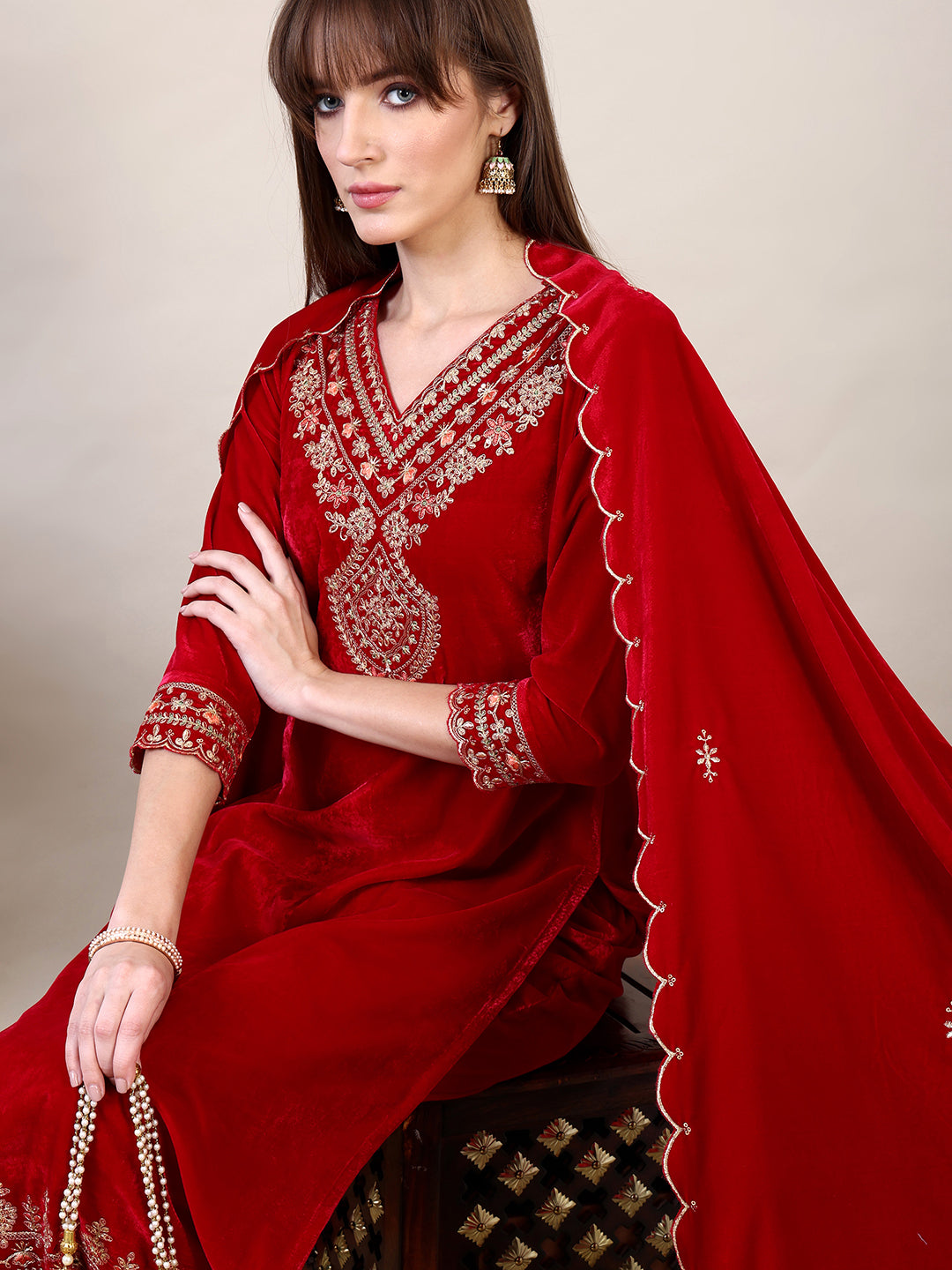 Embroidered Velvet Kurta With Pant & Dupatta, Pink - Hiral Fashion - Distacart