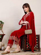 Embroidered Velvet Kurta With Pant & Dupatta, Pink - Hiral Fashion - Distacart