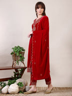 Embroidered Velvet Kurta With Pant & Dupatta, Pink - Hiral Fashion - Distacart