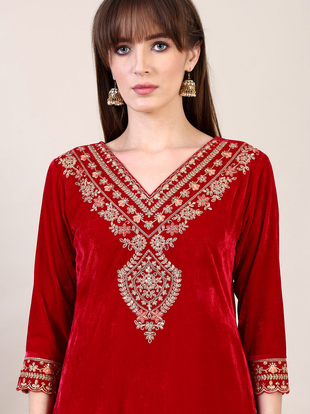Embroidered Velvet Kurta With Pant & Dupatta, Pink - Hiral Fashion - Distacart