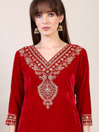 Embroidered Velvet Kurta With Pant & Dupatta, Pink - Hiral Fashion - Distacart