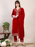 Embroidered Velvet Kurta With Pant & Dupatta, Pink - Hiral Fashion - Distacart