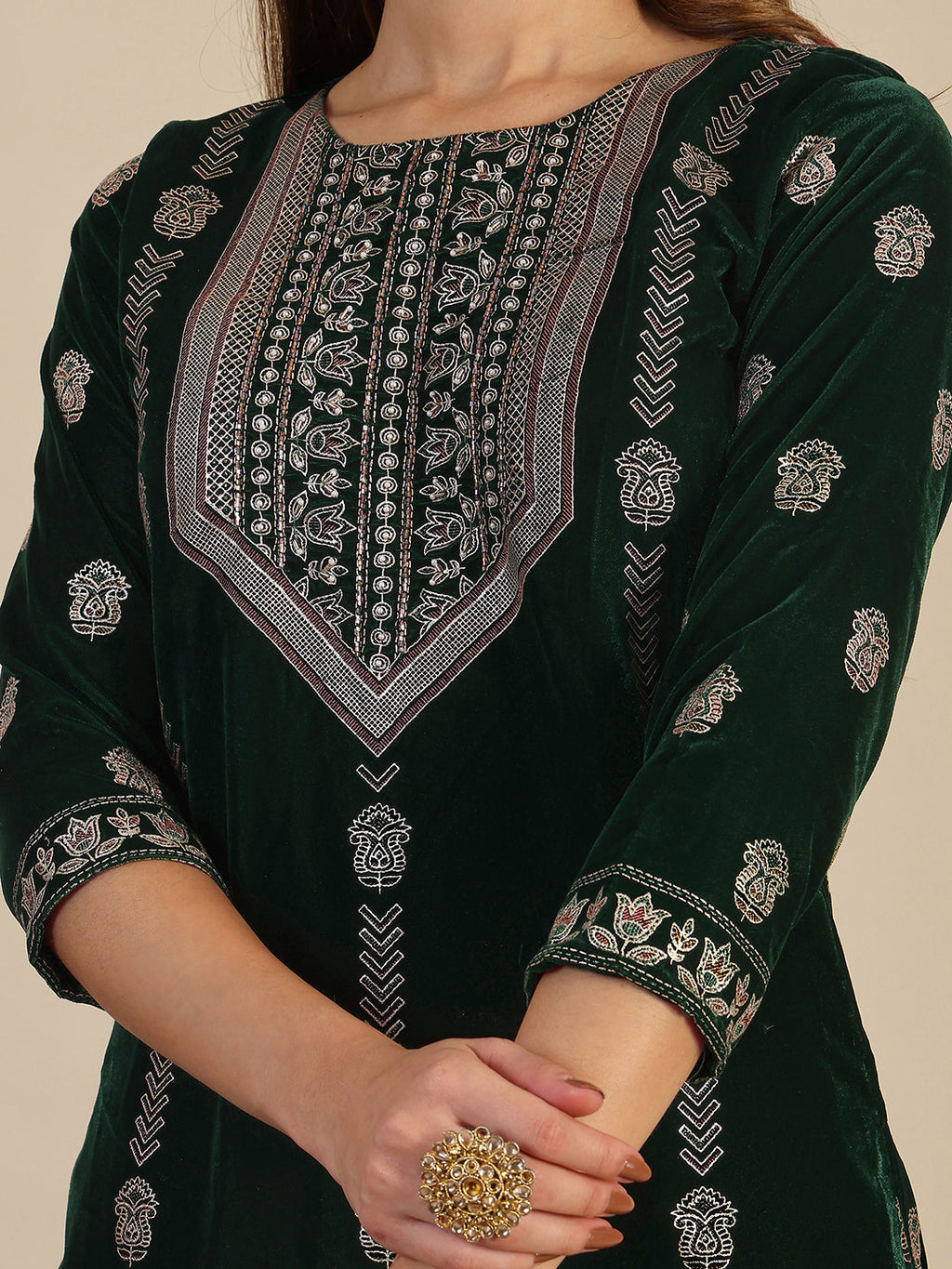 Hand & Foil Printed Velvet Kurta With Pant & Dupatta, Bottle-Green - Hiral Fashion - Distacart