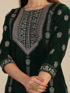 Hand & Foil Printed Velvet Kurta With Pant & Dupatta, Bottle-Green - Hiral Fashion - Distacart