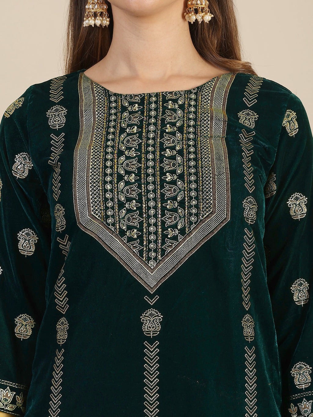 Hand & Foil Printed Velvet Kurta With Pant & Dupatta, Bottle-Green - Hiral Fashion - Distacart
