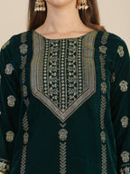 Hand & Foil Printed Velvet Kurta With Pant & Dupatta, Bottle-Green - Hiral Fashion - Distacart