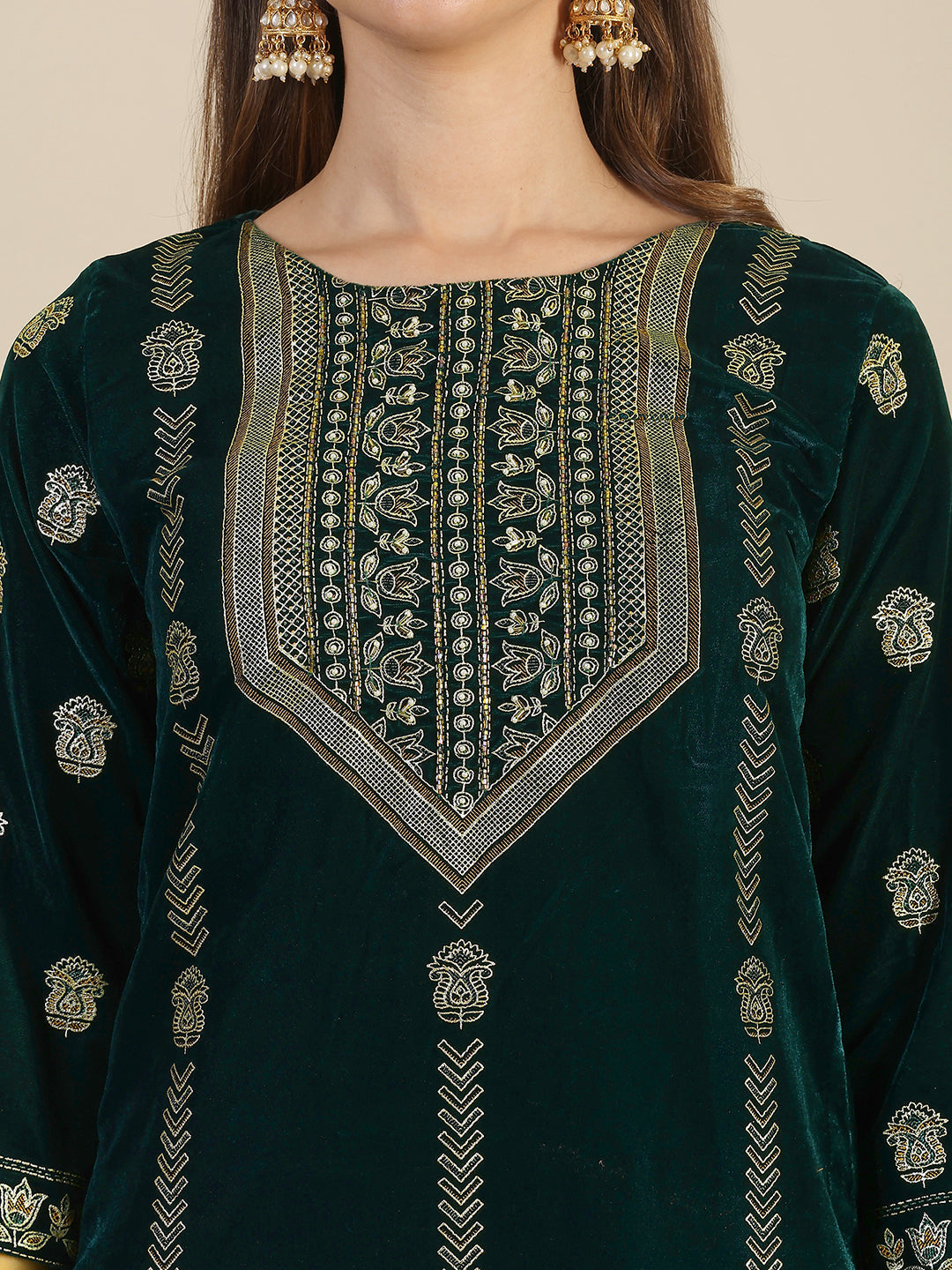 Hand & Foil Printed Velvet Kurta With Pant & Dupatta, Bottle-Green - Hiral Fashion - Distacart
