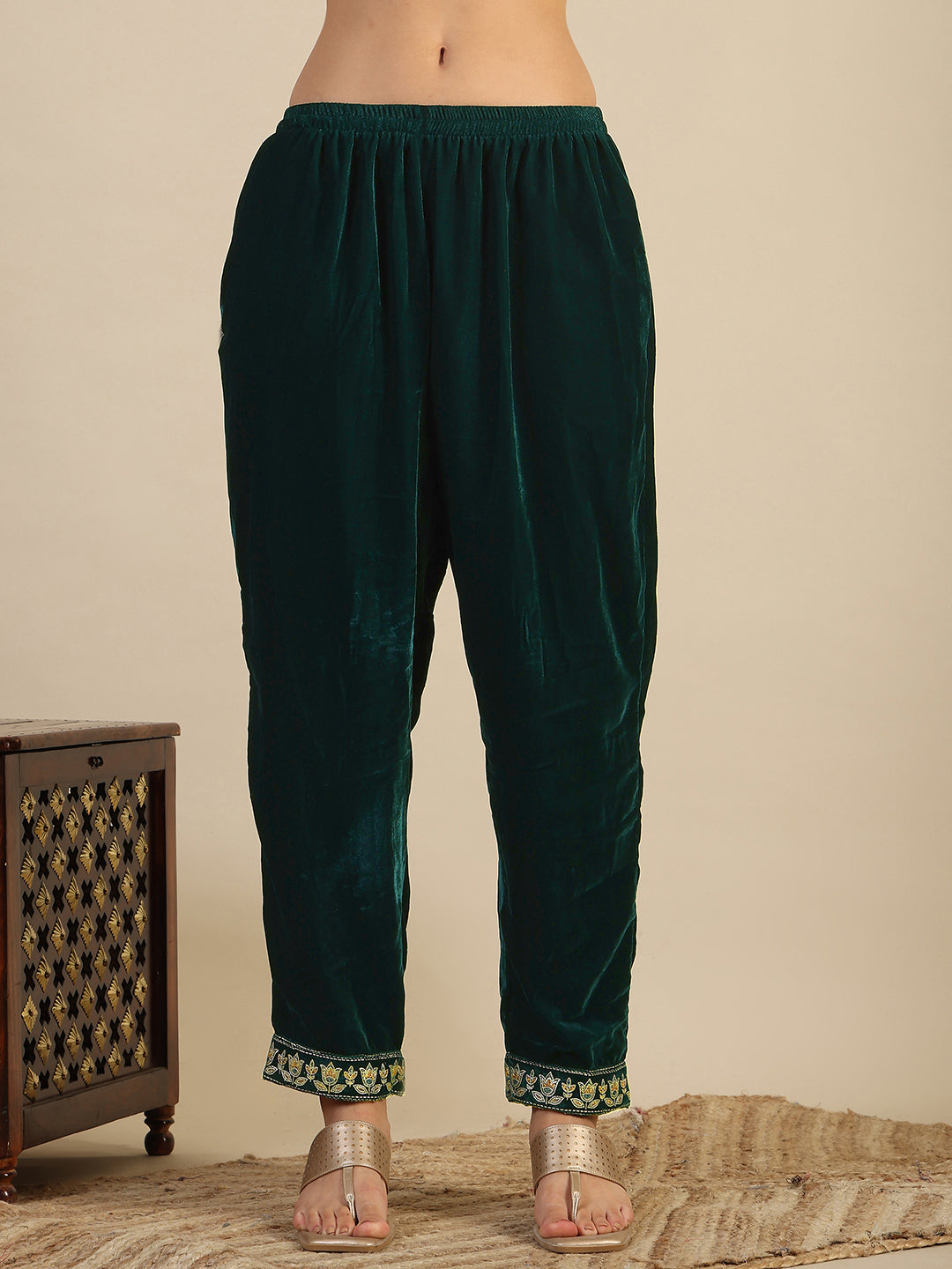 Hand & Foil Printed Velvet Kurta With Pant & Dupatta, Bottle-Green - Hiral Fashion - Distacart