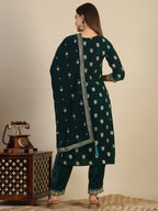 Hand & Foil Printed Velvet Kurta With Pant & Dupatta, Bottle-Green - Hiral Fashion - Distacart