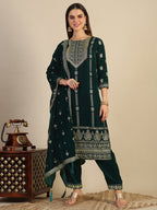 Hand & Foil Printed Velvet Kurta With Pant & Dupatta, Bottle-Green - Hiral Fashion - Distacart