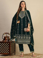Hand & Foil Printed Velvet Kurta With Pant & Dupatta, Bottle-Green - Hiral Fashion - Distacart