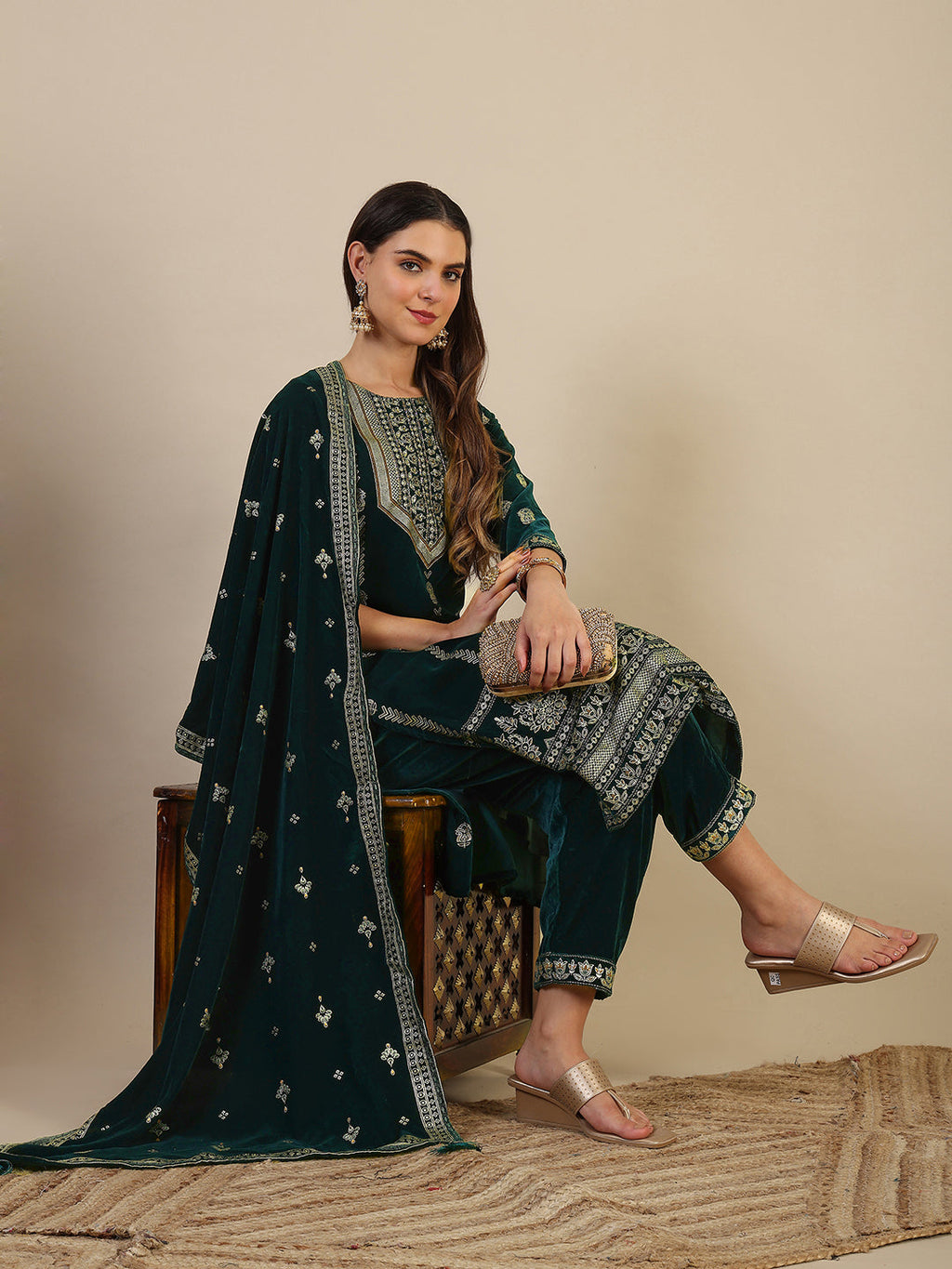 Hand & Foil Printed Velvet Kurta With Pant & Dupatta, Bottle-Green - Hiral Fashion - Distacart