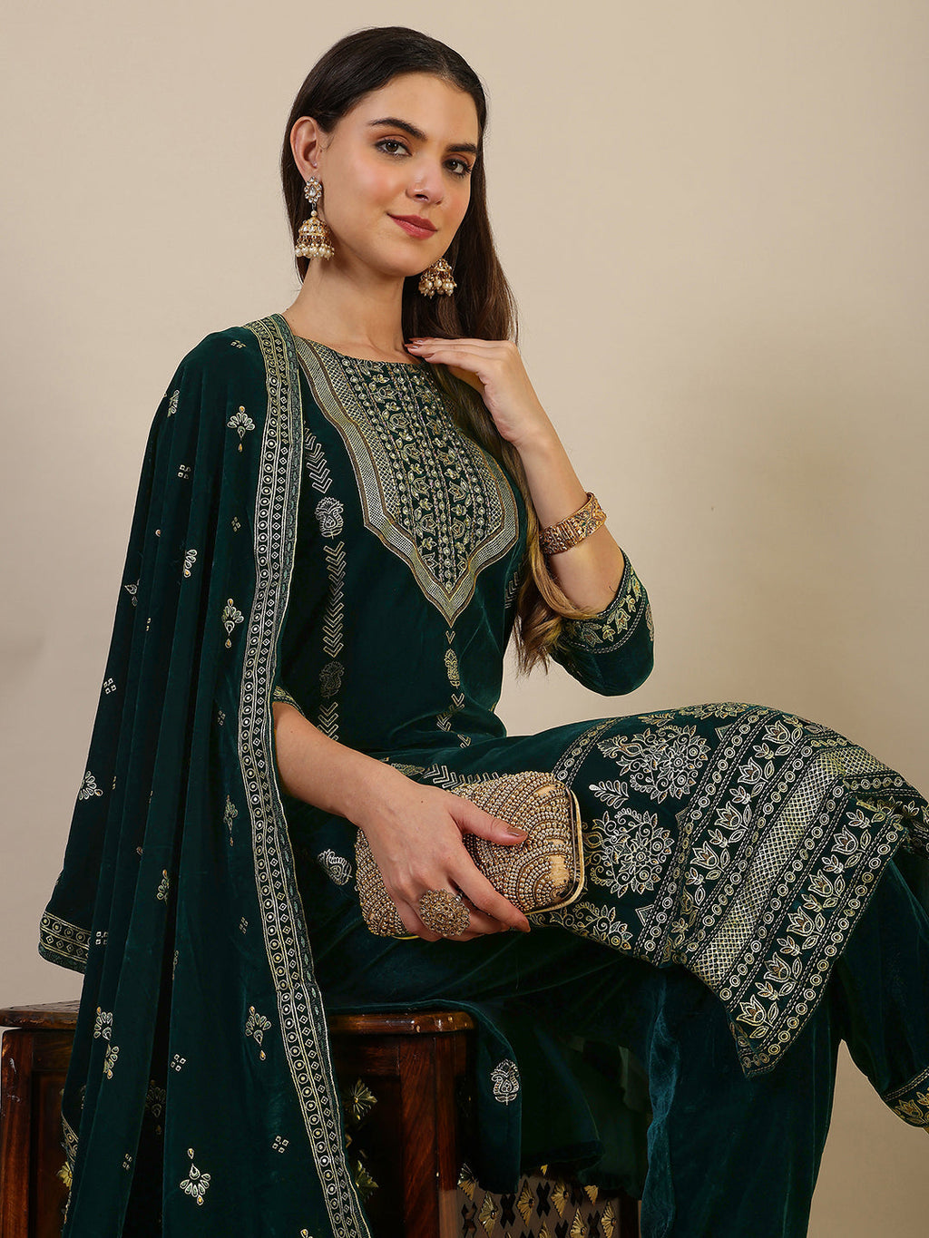 Hand & Foil Printed Velvet Kurta With Pant & Dupatta, Bottle-Green - Hiral Fashion - Distacart