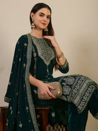 Hand & Foil Printed Velvet Kurta With Pant & Dupatta, Bottle-Green - Hiral Fashion - Distacart