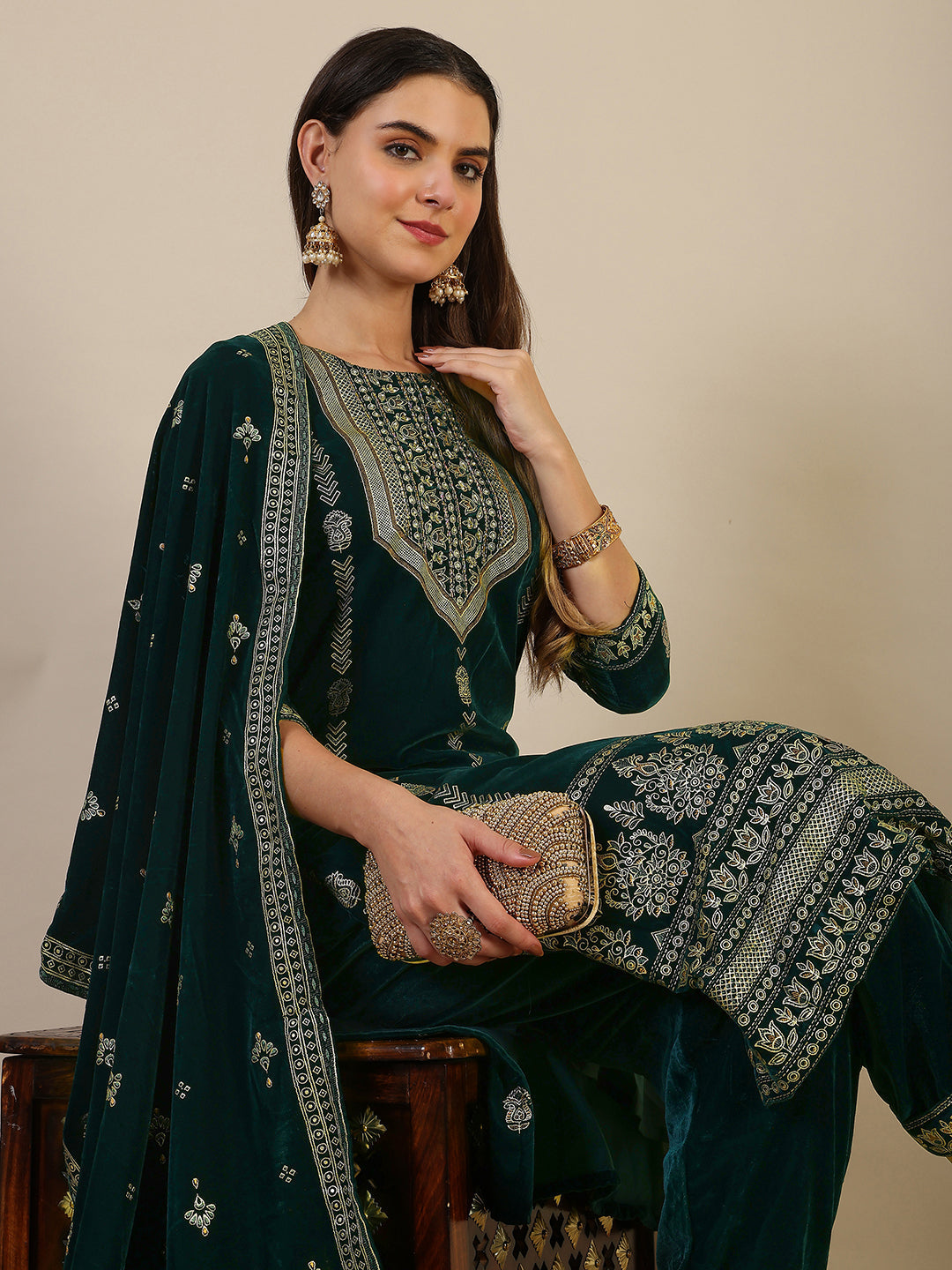 Hand & Foil Printed Velvet Kurta With Pant & Dupatta, Bottle-Green - Hiral Fashion - Distacart