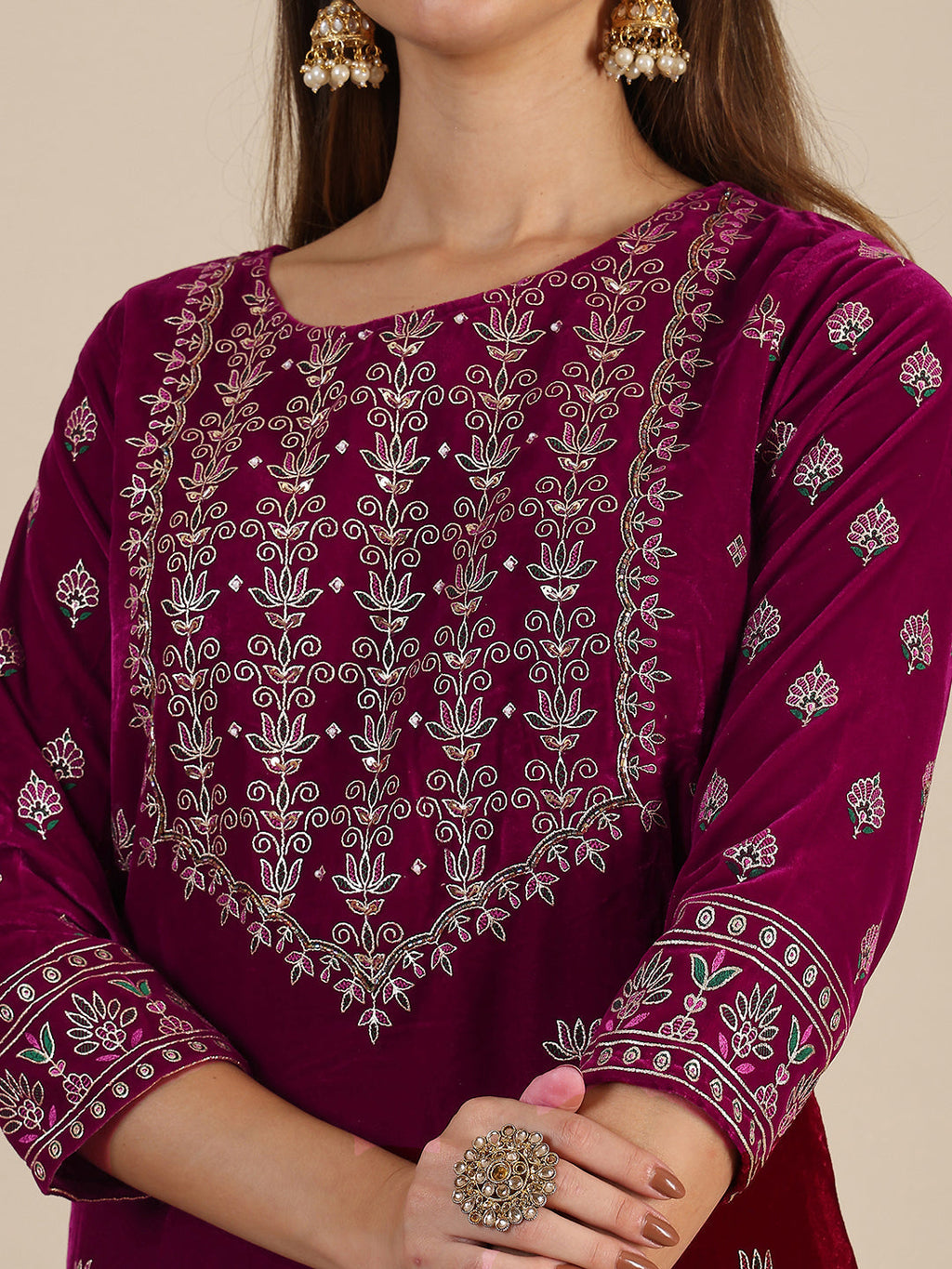 Hand & Foil Printed Velvet Kurta With Pant & Dupatta, Pink - Hiral Fashion