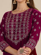 Hand & Foil Printed Velvet Kurta With Pant & Dupatta, Pink - Hiral Fashion