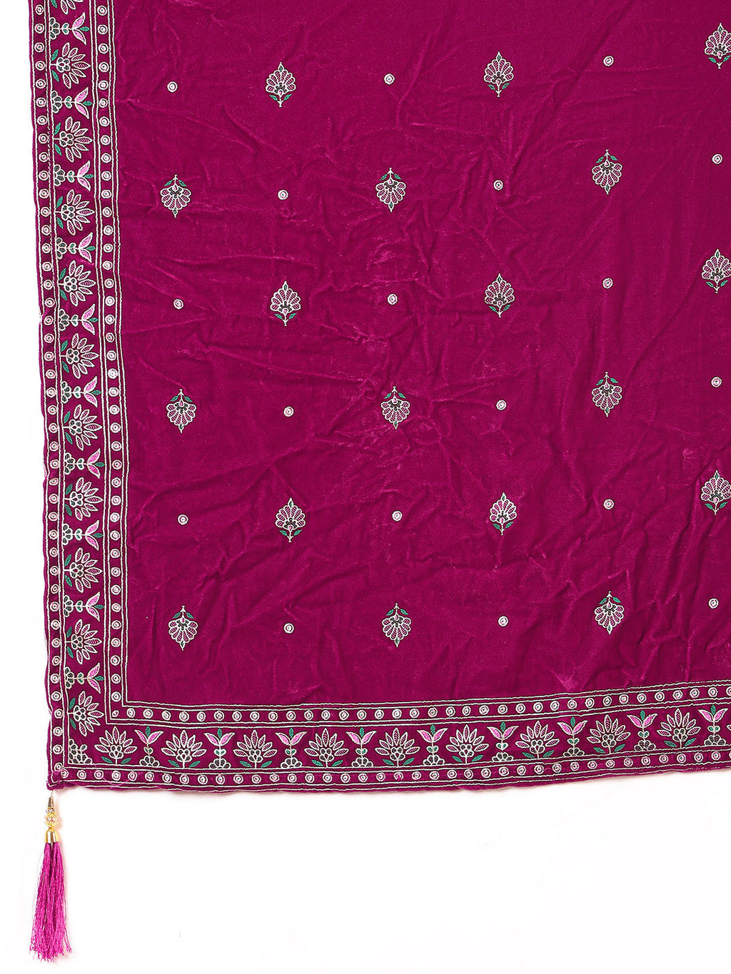 Hand & Foil Printed Velvet Kurta With Pant & Dupatta, Pink - Hiral Fashion