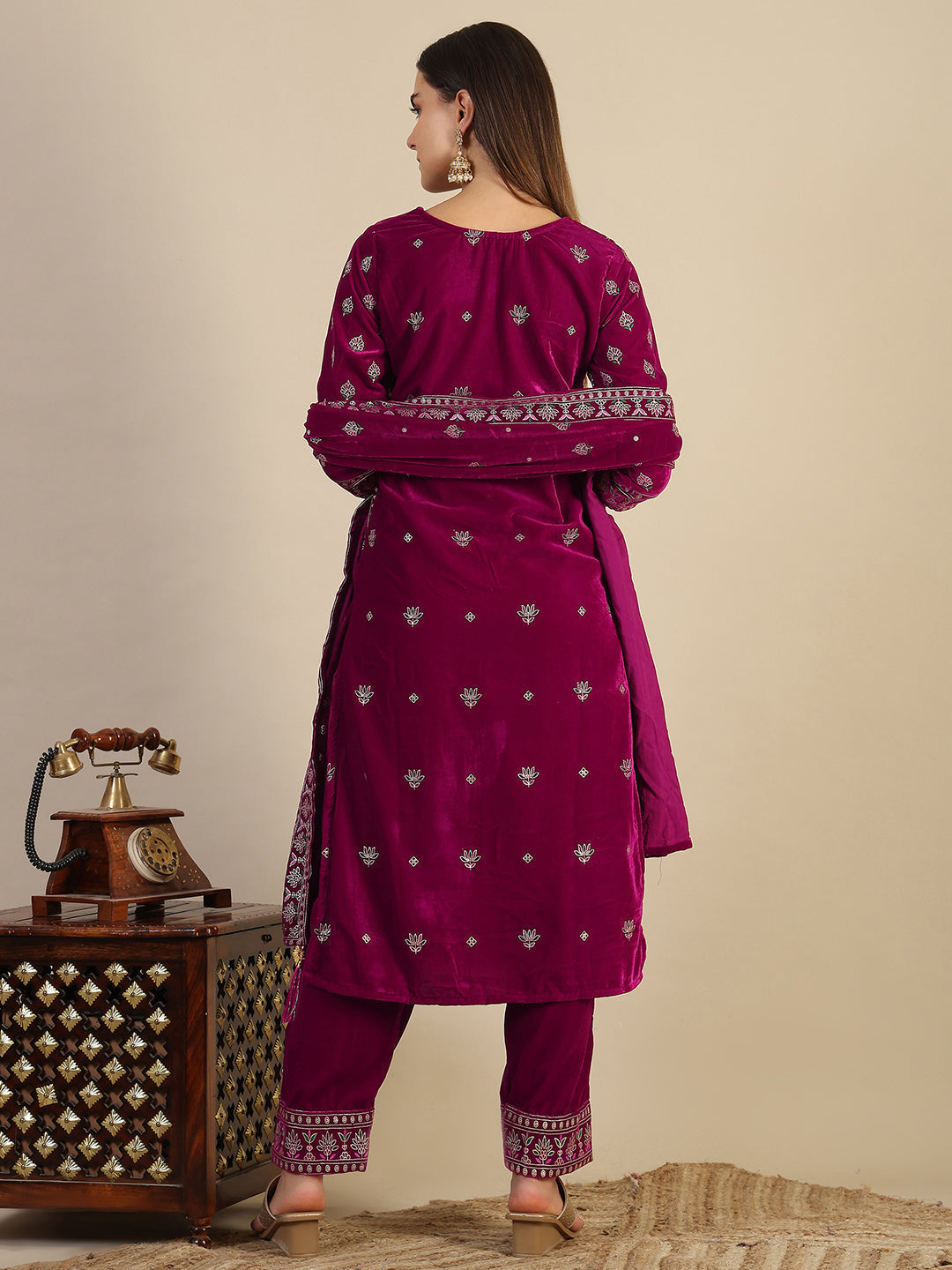 Hand & Foil Printed Velvet Kurta With Pant & Dupatta, Pink - Hiral Fashion