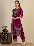 Hand & Foil Printed Velvet Kurta With Pant & Dupatta, Pink - Hiral Fashion
