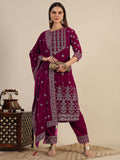 Hand & Foil Printed Velvet Kurta With Pant & Dupatta, Pink - Hiral Fashion