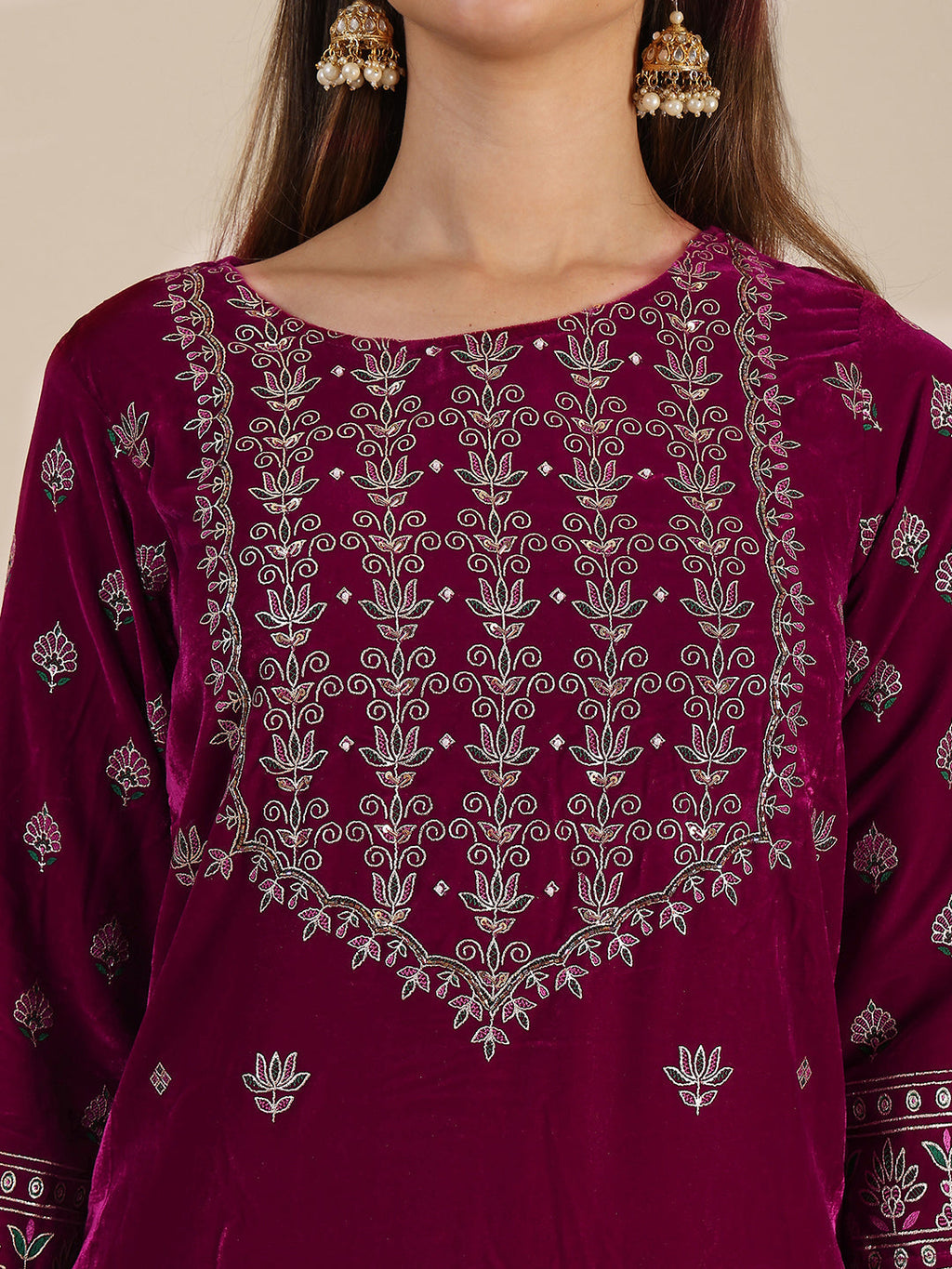 Hand & Foil Printed Velvet Kurta With Pant & Dupatta, Pink - Hiral Fashion
