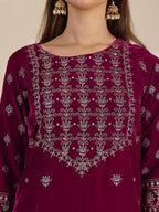 Hand & Foil Printed Velvet Kurta With Pant & Dupatta, Pink - Hiral Fashion