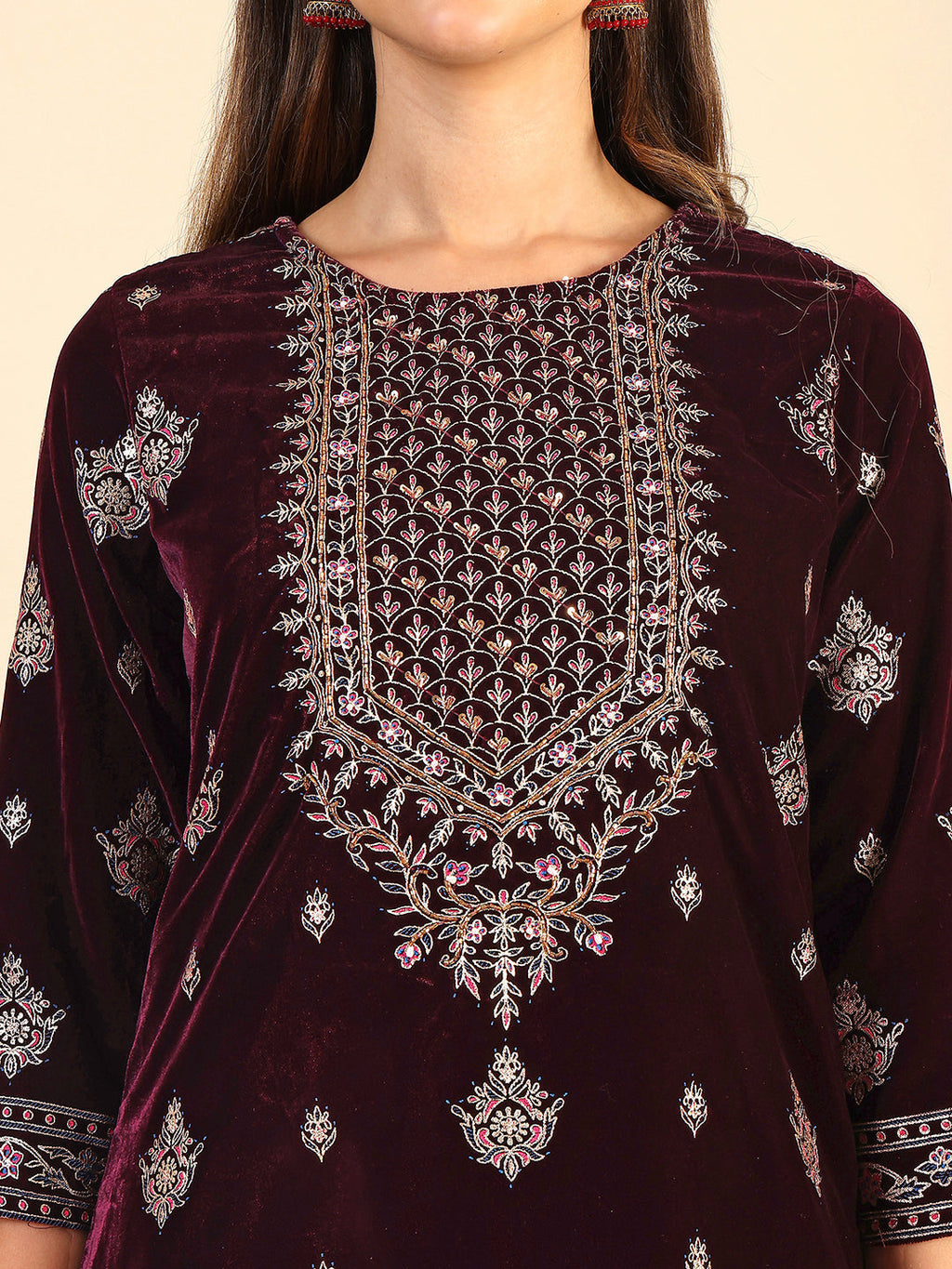 Hand & Foil Printed Velvet Kurta With Pant & Dupatta, Wine - Hiral Fashion - Distacart
