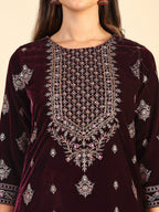 Hand & Foil Printed Velvet Kurta With Pant & Dupatta, Wine - Hiral Fashion - Distacart
