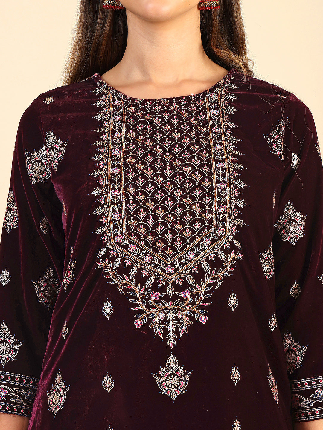 Hand & Foil Printed Velvet Kurta With Pant & Dupatta, Wine - Hiral Fashion - Distacart