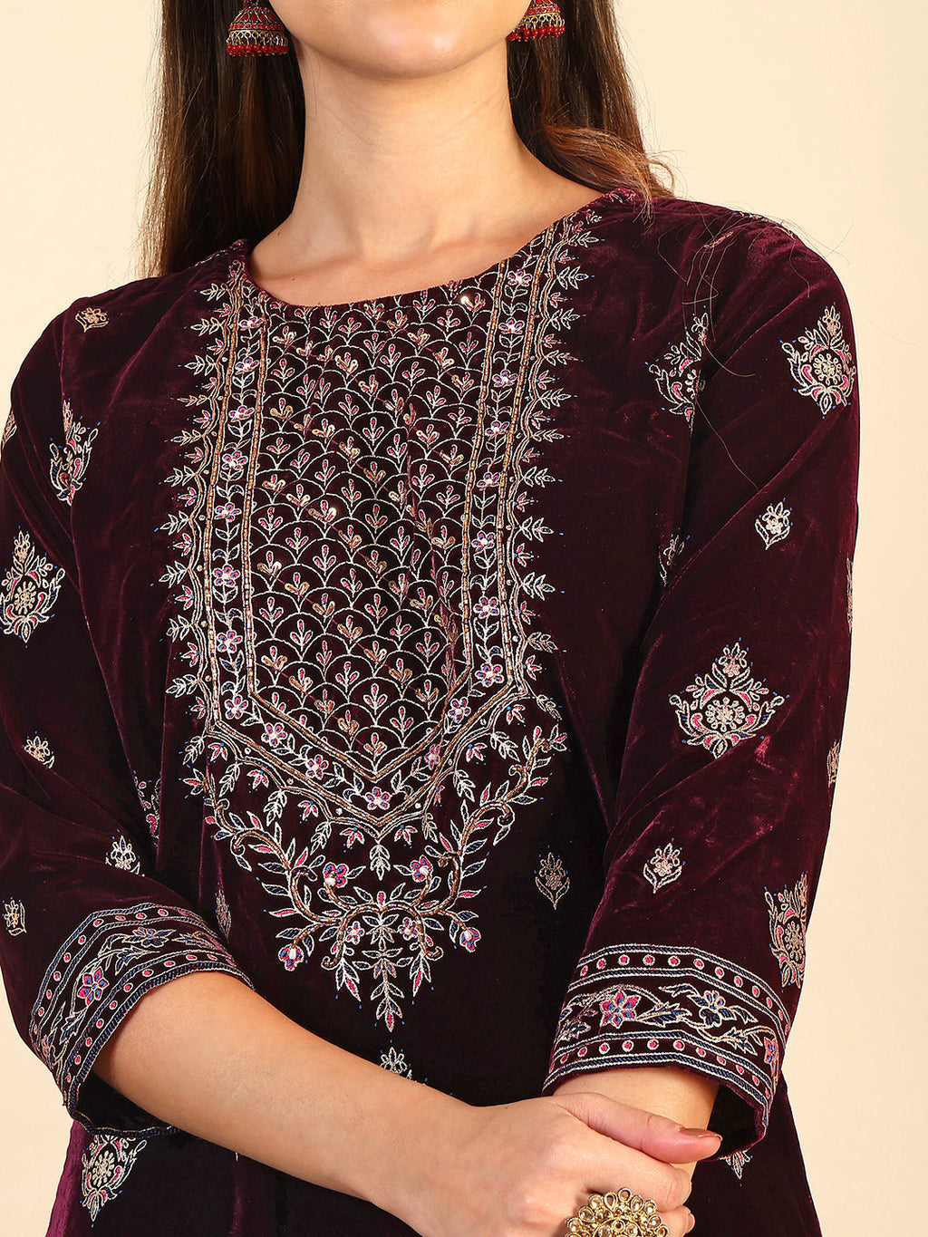 Hand & Foil Printed Velvet Kurta With Pant & Dupatta, Wine - Hiral Fashion - Distacart