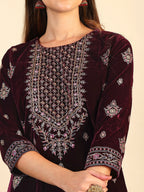 Hand & Foil Printed Velvet Kurta With Pant & Dupatta, Wine - Hiral Fashion - Distacart