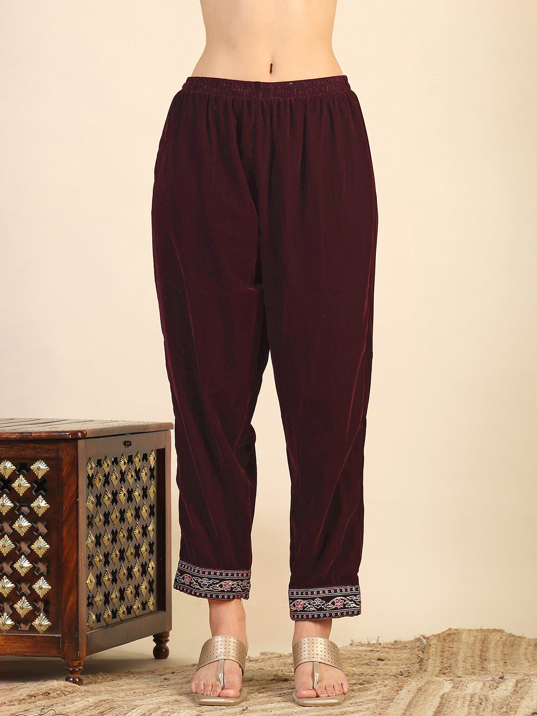 Hand & Foil Printed Velvet Kurta With Pant & Dupatta, Wine - Hiral Fashion - Distacart